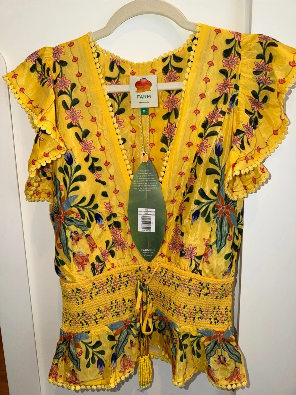FARM Rio Yellow Floral Smocked Peplum Blouse - Picture 1 of 1